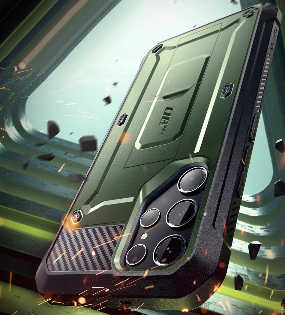 Etui pancerne z osłoną na ekran, z wbudowaną podstawką i kaburą z klipsem obrotowym Supcase Unicorn Beetle Pro do Galaxy S23 Ultra